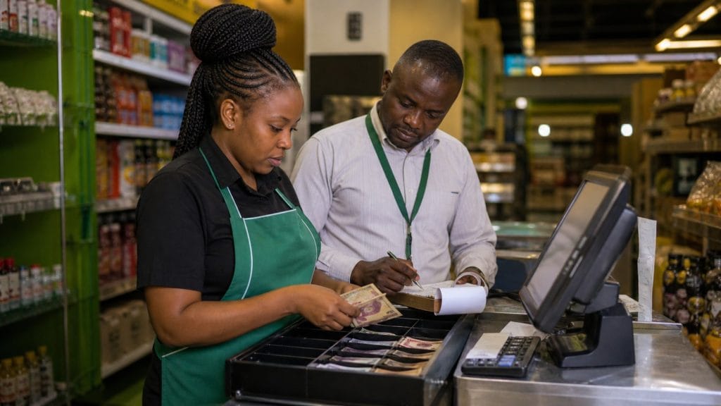 Kenyan cashier and supervisor completing a shift closing cash count at a retail counter