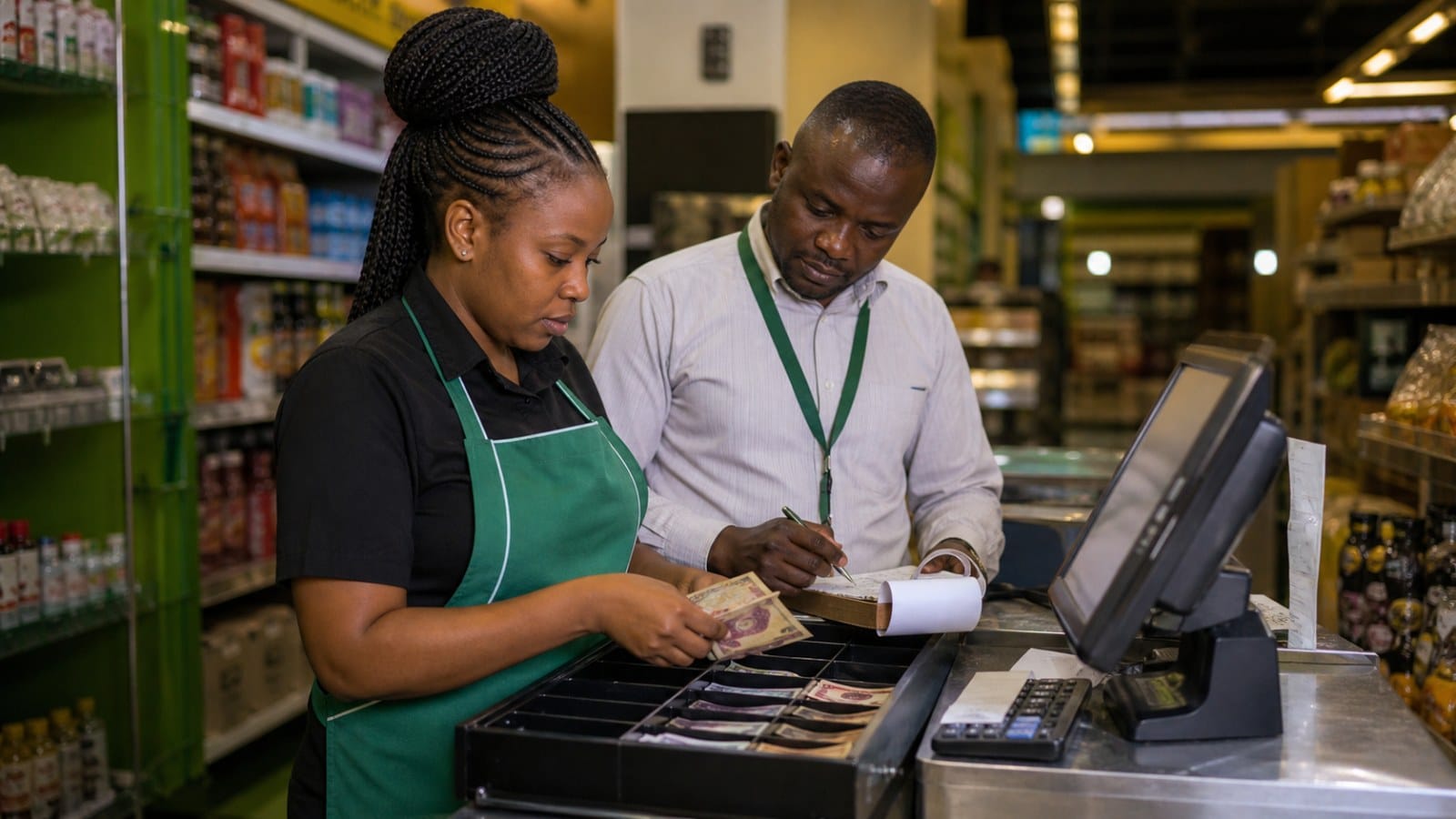 Kenyan cashier and supervisor completing a shift closing cash count at a retail counter
