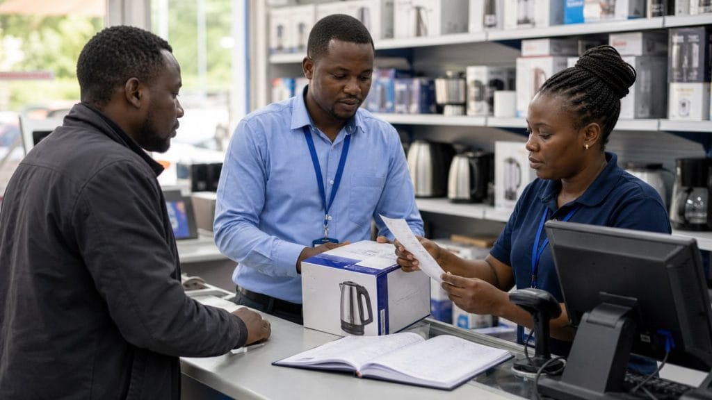 Kenyan customer, cashier and supervisor reviewing a returned product and receipt at a retail counter