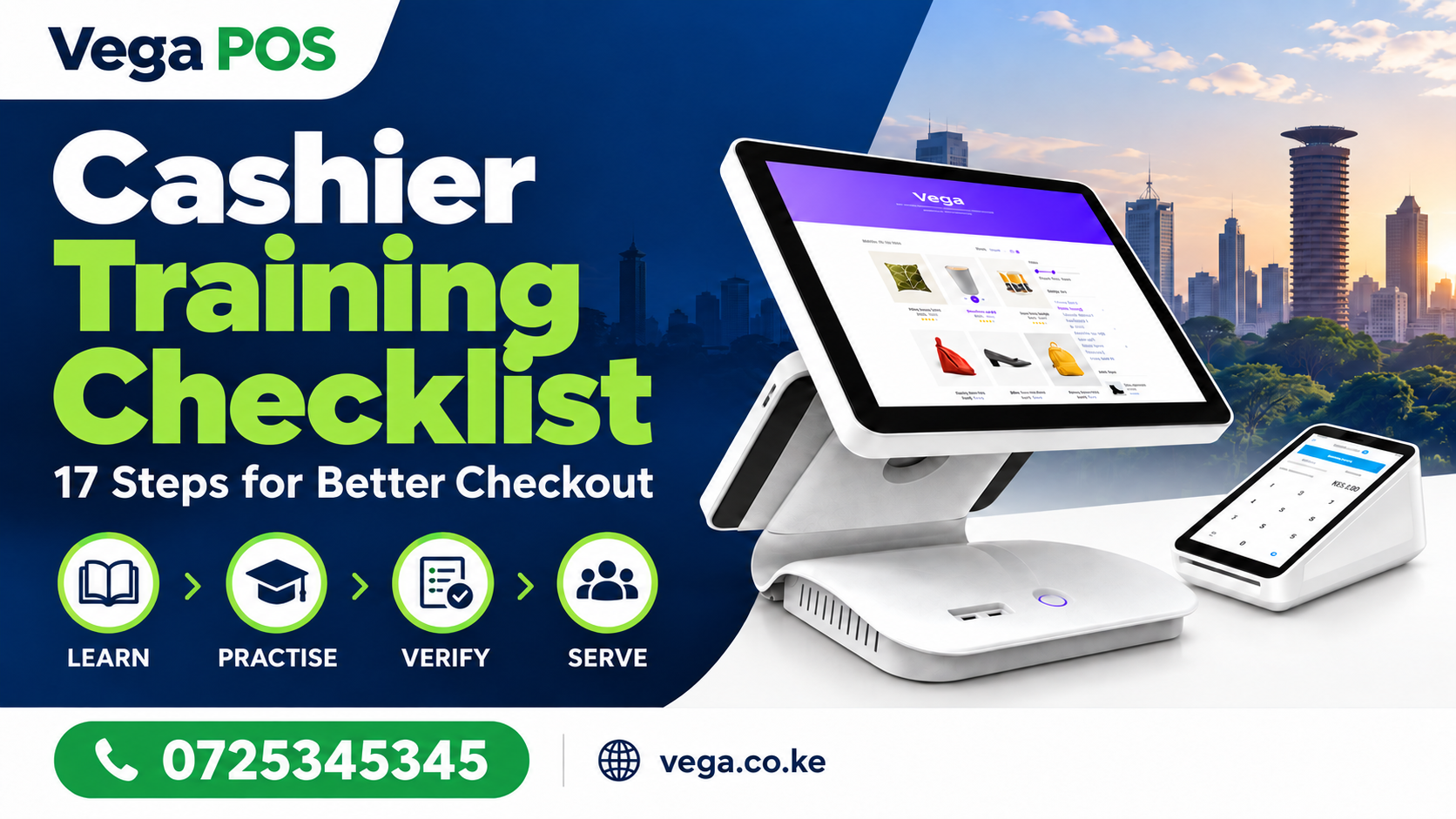 Cashier training checklist cover from Vega POS — call 0725345345