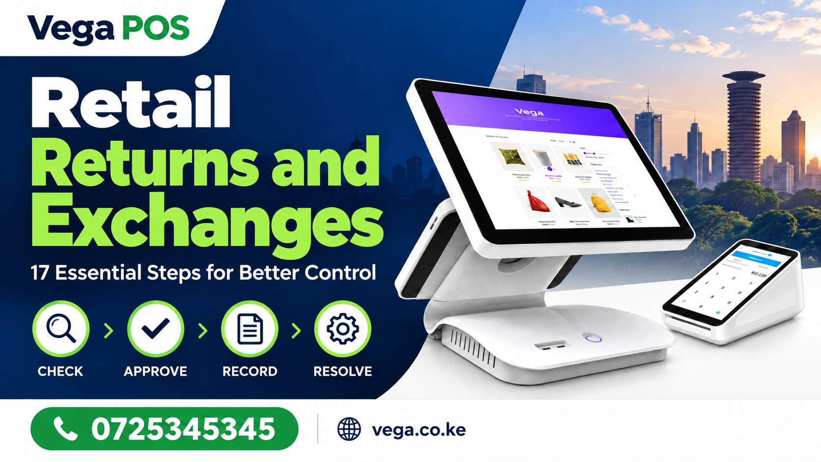 Retail returns and exchanges cover from Vega POS — call 0725345345