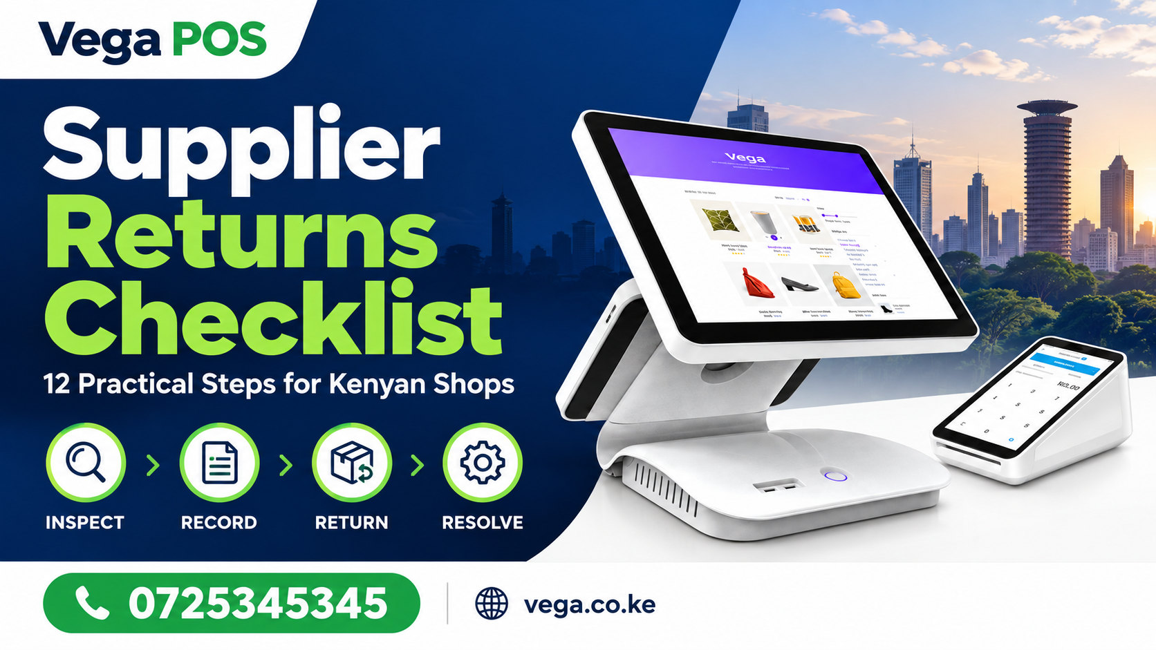 Supplier returns checklist cover from Vega POS — call 0725345345