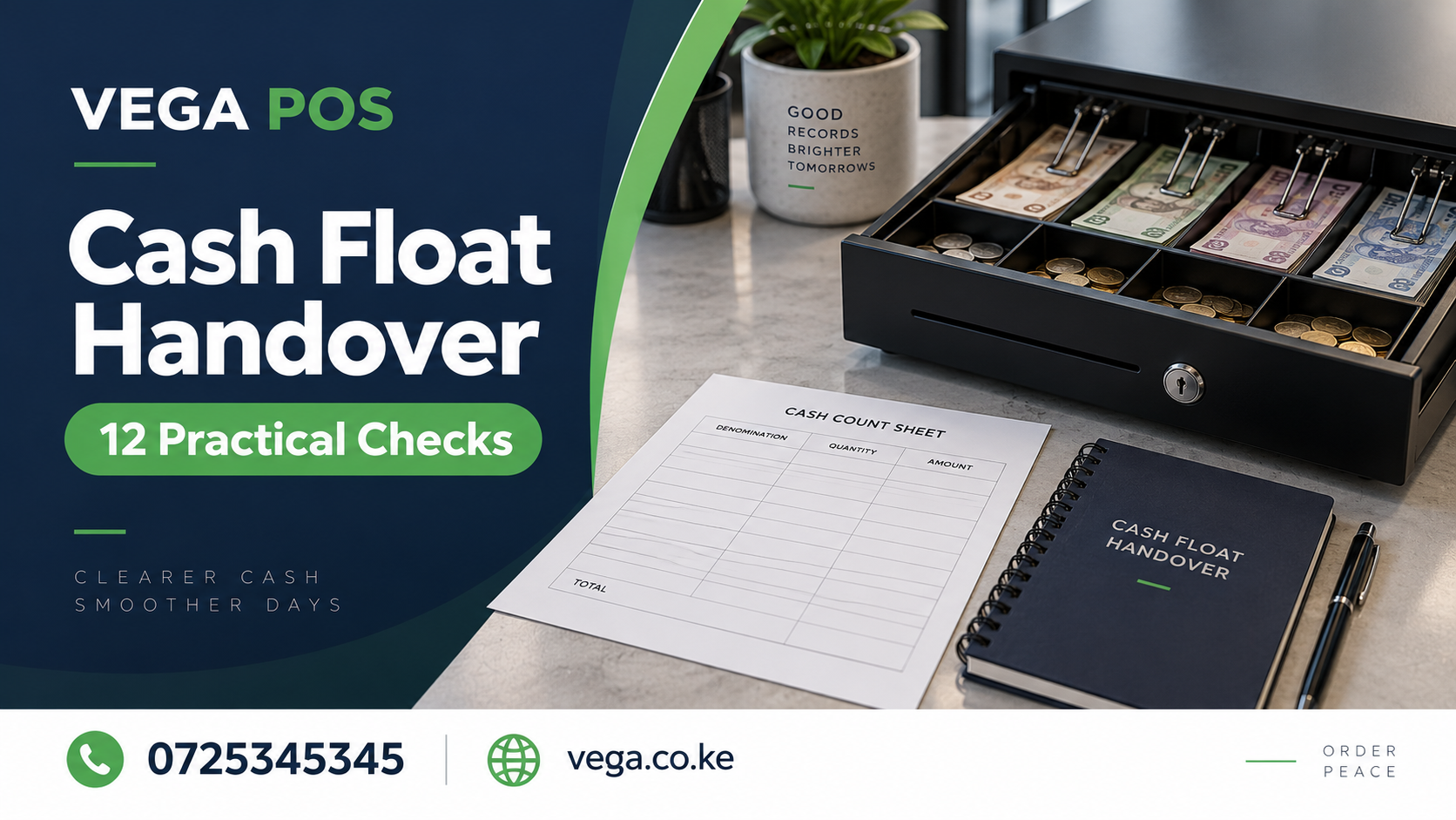 Cash Float Handover illustration — call 0725345345