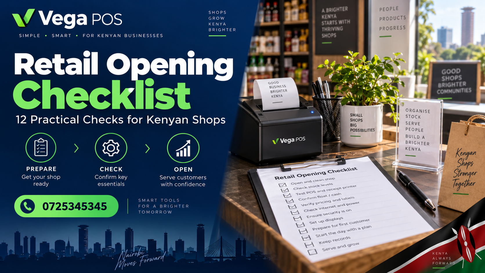 retail opening checklist — Vega POS. Call 0725345345.