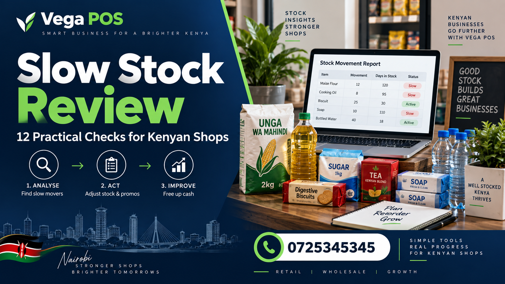 slow stock review — Vega POS. Call 0725345345.